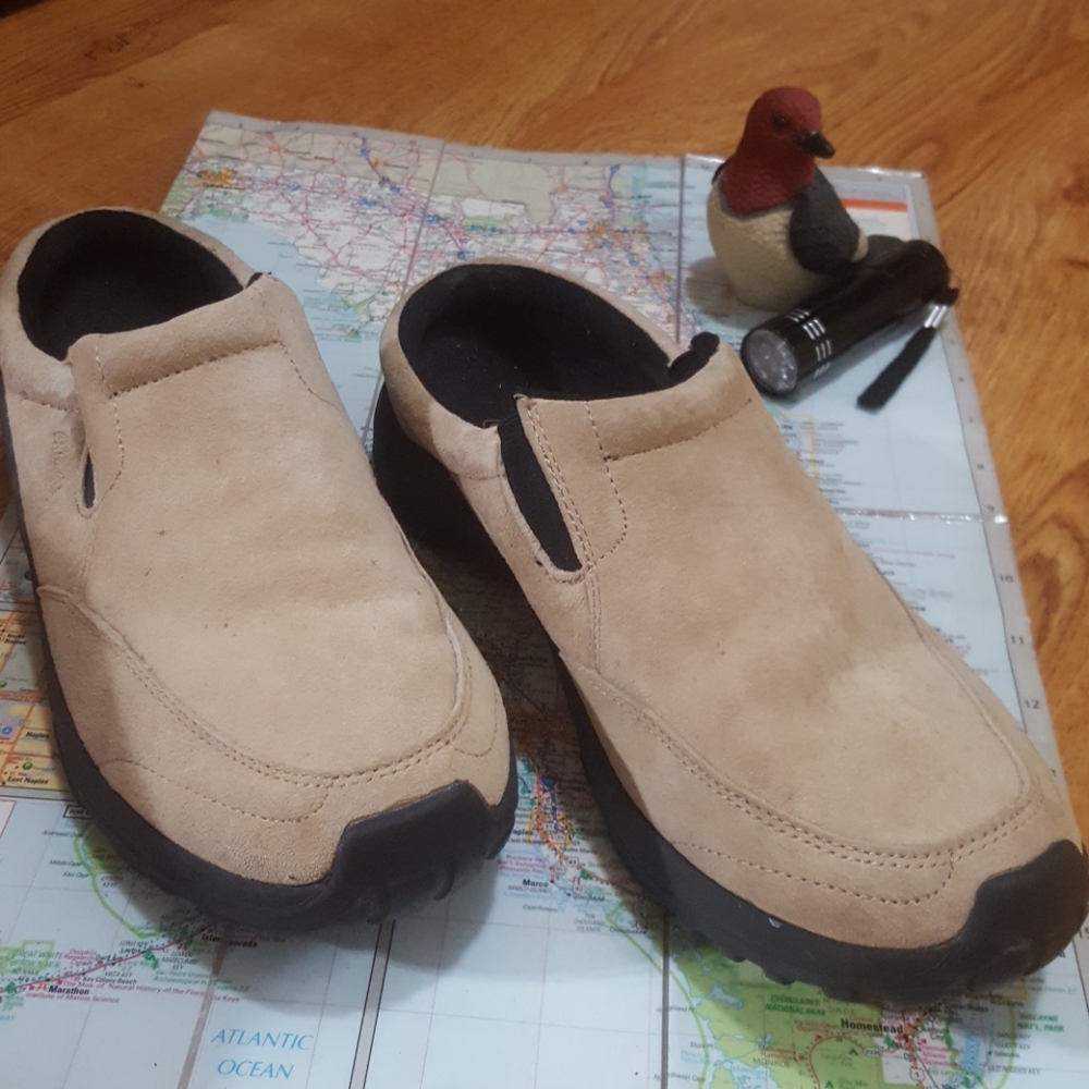 Tan, suede, mules.